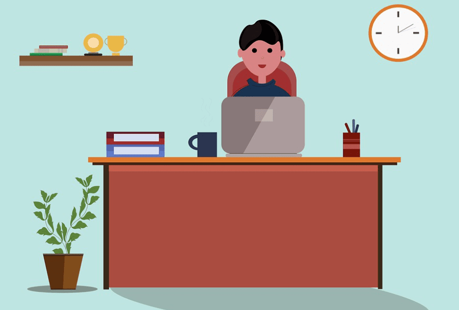 work from home, man sits at home office desk, small business